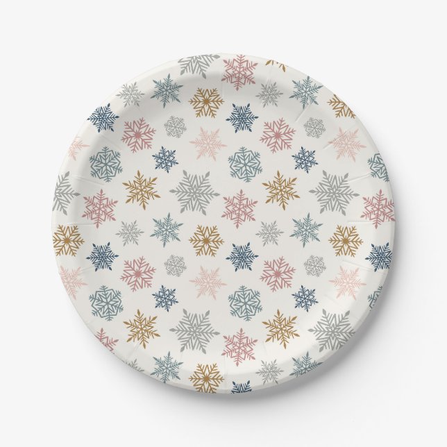 Multicolored snowflake pattern – winter christmas paper plates (Front)