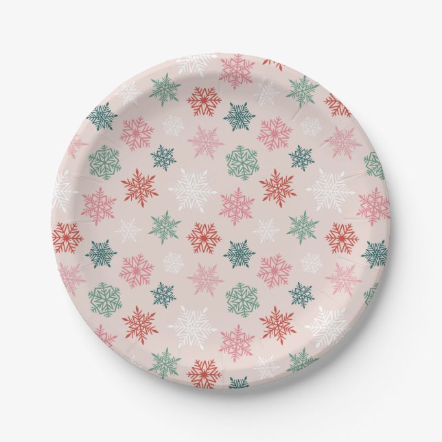 Multicolored snowflake pattern – winter christmas paper plates (Front)
