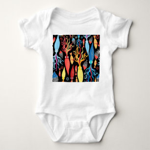 Multicolored Squid Fish Black Background Baby Bodysuit