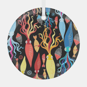 Multicolored Squid Fish Black Background Glass Ornament