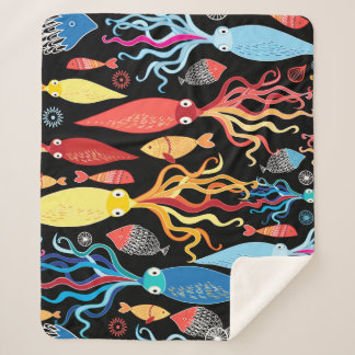 Multicolored Squid Fish Black Background Sherpa Blanket