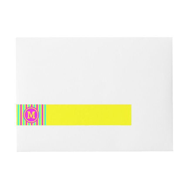 Multicolored Stripe Yellow Monogram Wrap Around Address Label (Front)