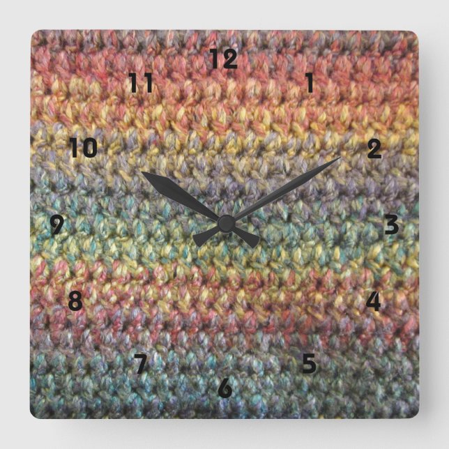 Multicolored striped knitted crochet square wall clock (Front)