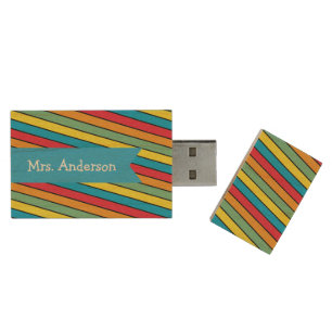 Multicolored Stripes with Teal Banner, Personalize Wood USB Flash Drive