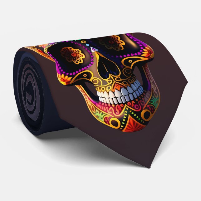 Multicolored Sugar Skull Día de los Muertos  Neck Tie (Rolled)