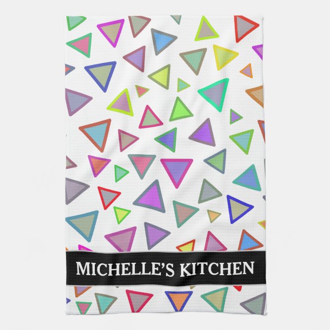 Multicolored Triangles Pattern + Custom Name Kitchen Towel (Vertical)