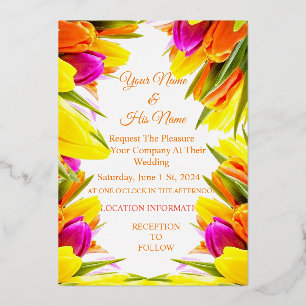 Multicolored Tulips Bouquet Thunder_Cove Foil Invitation