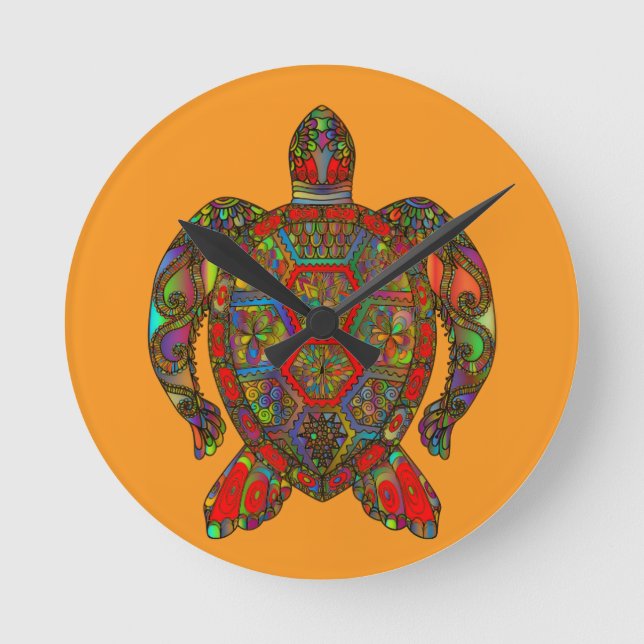 Multicolored Turtle Orange Round Clock (Front)