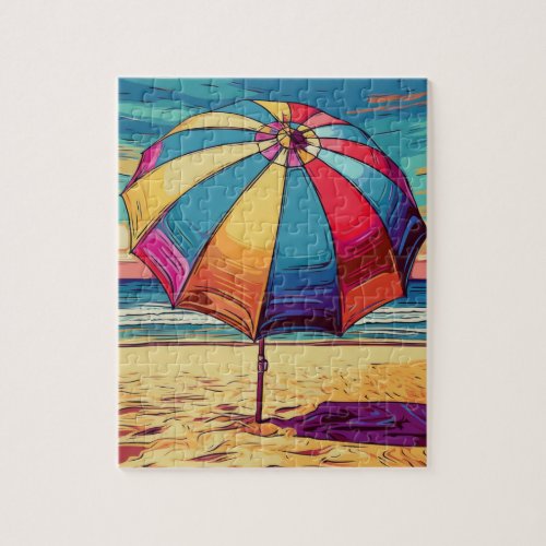 Multicolored Umbrella in the Middle of the Sand Jigsaw Puzzle