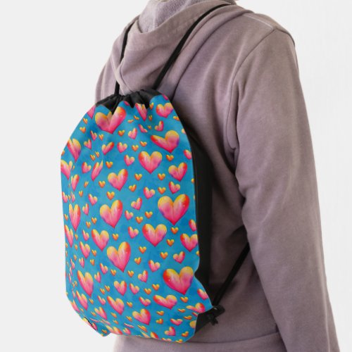 Multicolored Watercolor Hearts Drawstring Backpack