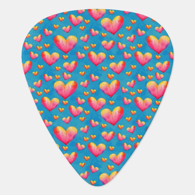 Multicolored Watercolor Hearts Guitar Pick (Front)