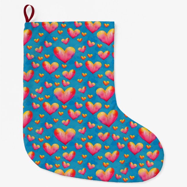Multicolored Watercolor Hearts Valentine Stocking (Front)