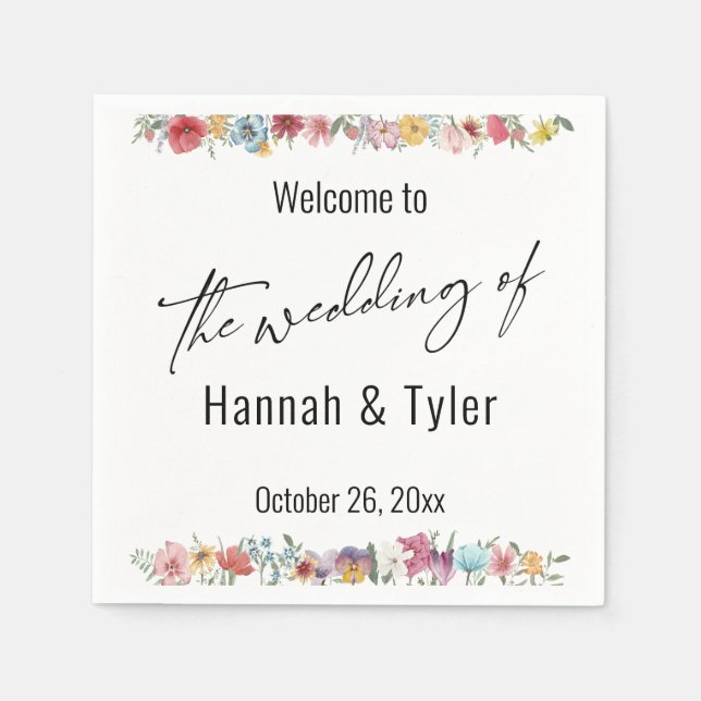 Multicolored Watercolor Meadow Wildflower Welcome Napkins (Front)