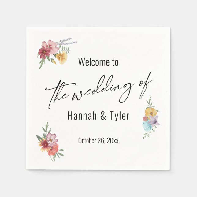 Multicolored Watercolor Meadow Wildflower Welcome Napkins (Front)