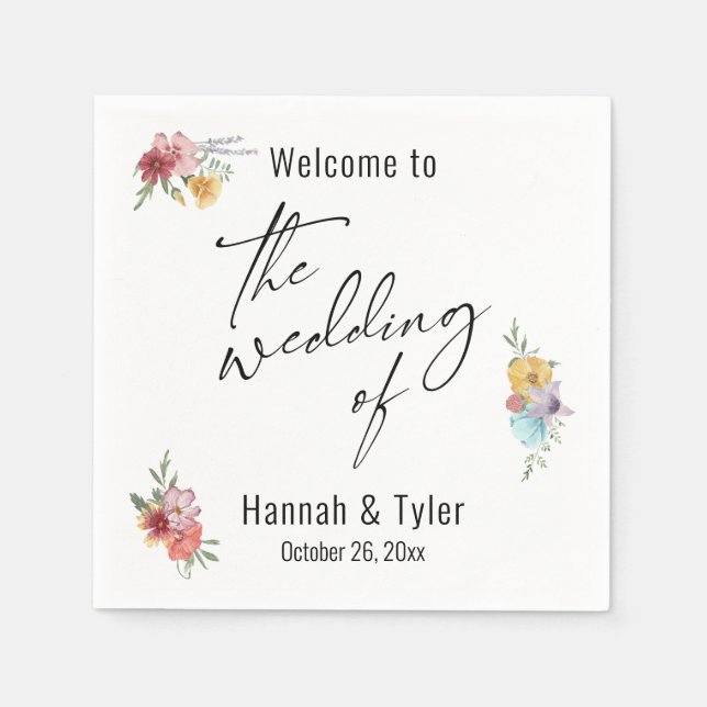 Multicolored Watercolor Meadow Wildflower Welcome Napkins (Front)