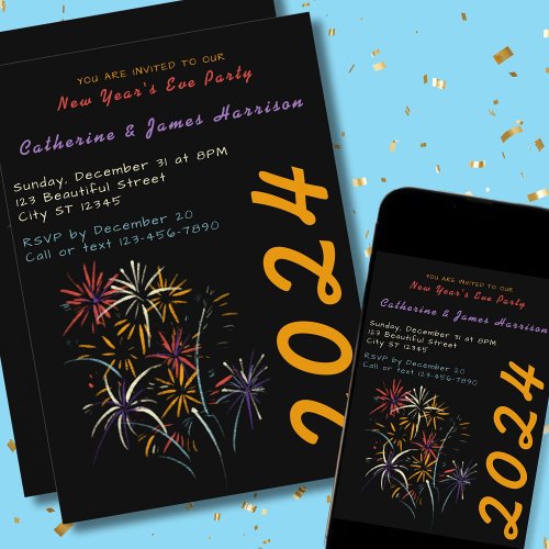 Multicoloured Fireworks Black Card New Year Party