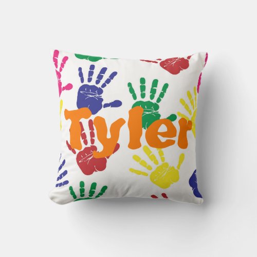 Multicoloured handprint childrens personalised throw pillow