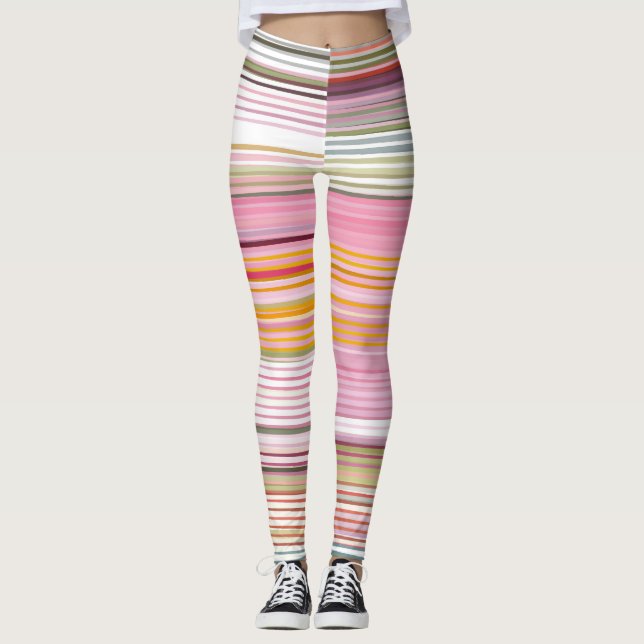 Multicoloured pink striped activewear leggings (Front)