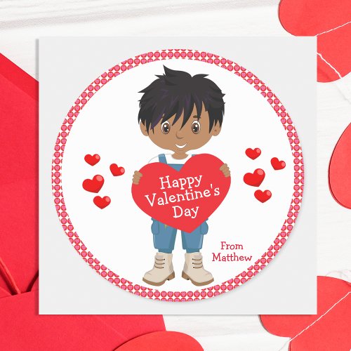 Multicultural Boy Happy Valentines Day Classic Round Sticker