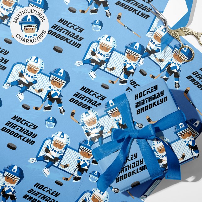 Multicultural Boy Hockey Birthday Personalized  Wrapping Paper (Creator Uploaded)