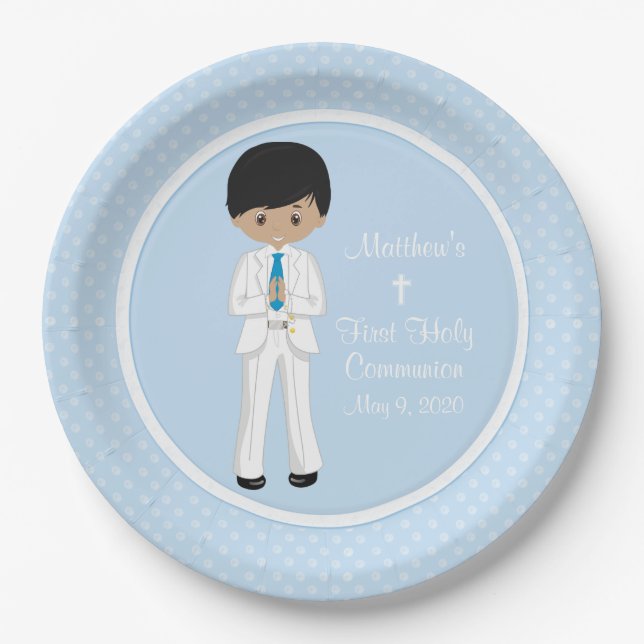 Multicultural Boy Personalized Holy Communion Paper Plates (Front)