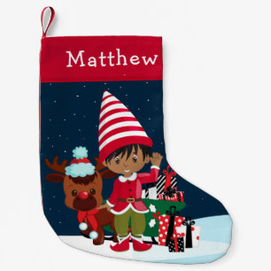 Multicultural Elf Boy with Rudolph Small Christmas Stocking