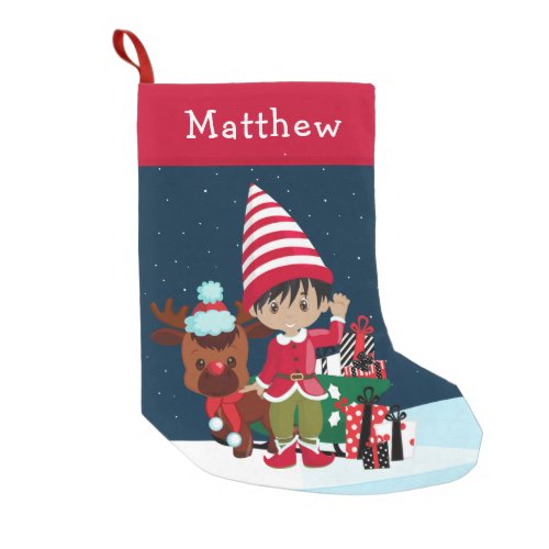 Multicultural Elf Boy with Rudolph Small Christmas Stocking