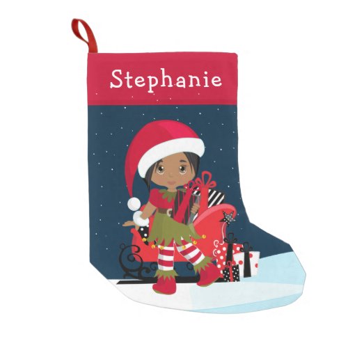 Multicultural Elf Girl with Rudolph Small Christmas Stocking