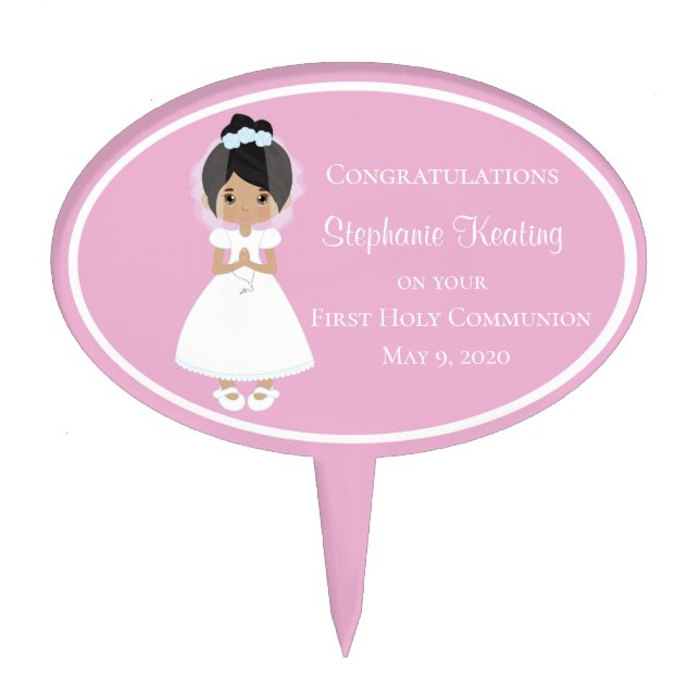 Multicultural Girl Personalized First Communion Cake Topper (Front)