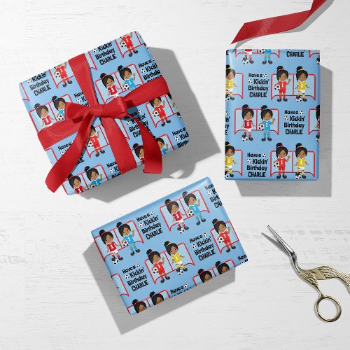 Multicultural Girl Soccer Personalized Wrapping Paper Sheets