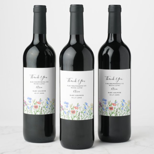 Multihued Wildflower Baby Shower Celebration Wine Label (Bottles)