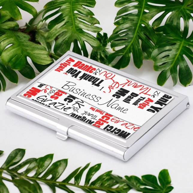 Multilingual Black Red Thank You Word Cloud Business Card Holder (top side of business card holder with template text)