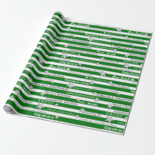 Multilingual Christmas Green Stripe Wrapping Paper