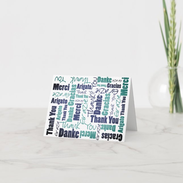 Multilingual Green Blue Typography Collage Letterpress Thank You Card (Front)