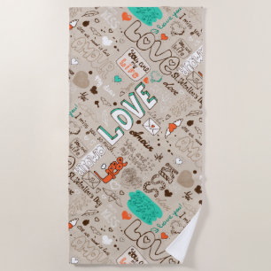 Multilingual Love Doodle Pattern Art Beach Towel