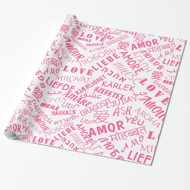 Multilingual Love Text Wrapping Paper Choose Color (Unrolled)