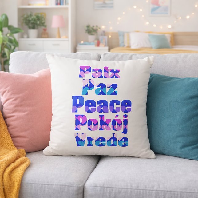 Multilingual Peace Typography with Pastel Hearts Throw Pillow (A pillow with the words peace in French, Spanish, English, Polish and Swedish with hearts.)