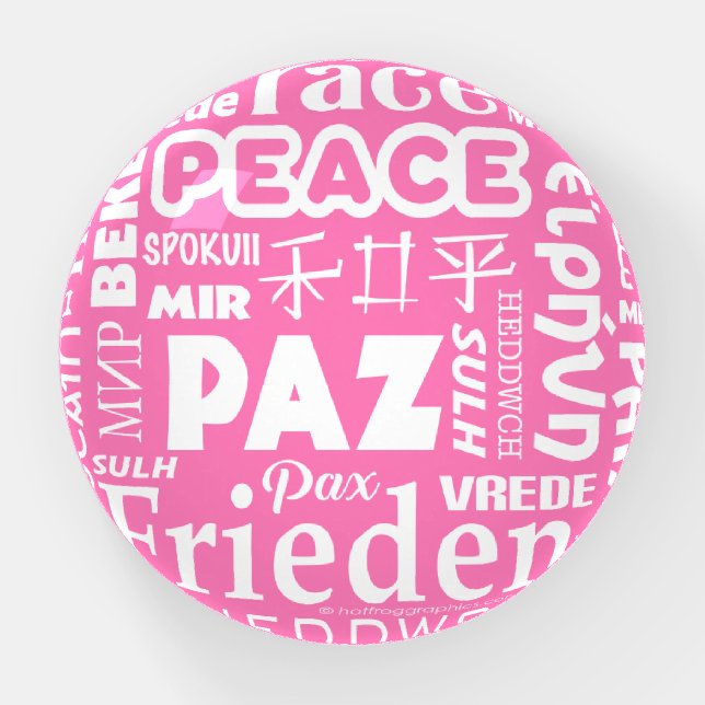 Multilingual pink PEACE glass dome paperweight (Front)