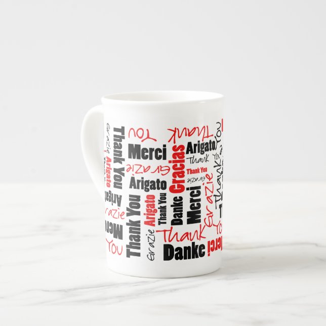 Multilingual Red Black "Thank You" Typography Bone China Mug (Front Left)
