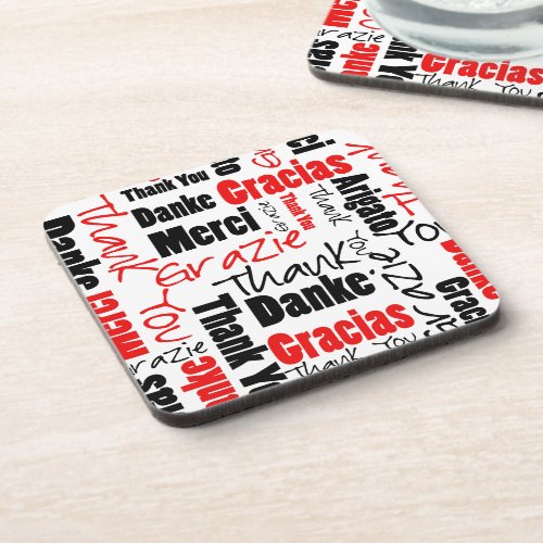 Multilingual Red Black Thank You Typography Coaster