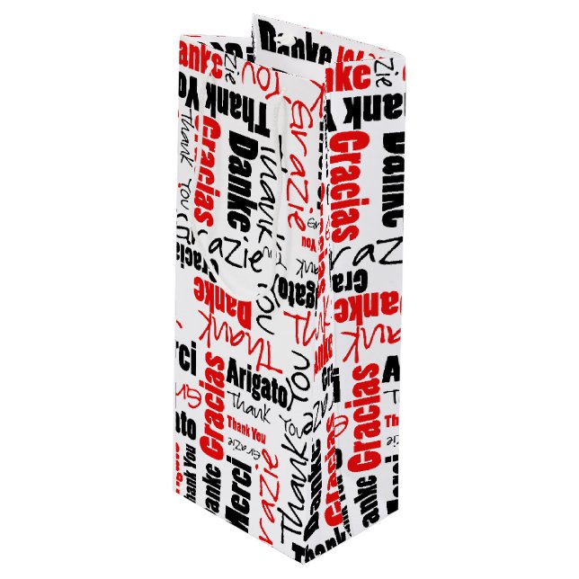 Multilingual Red Black Thank You Word Cloud Wine Gift Bag (Front Angled)