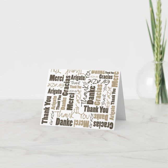 Multilingual Sepia Brown Typography Collage Thank  You Card (Front)