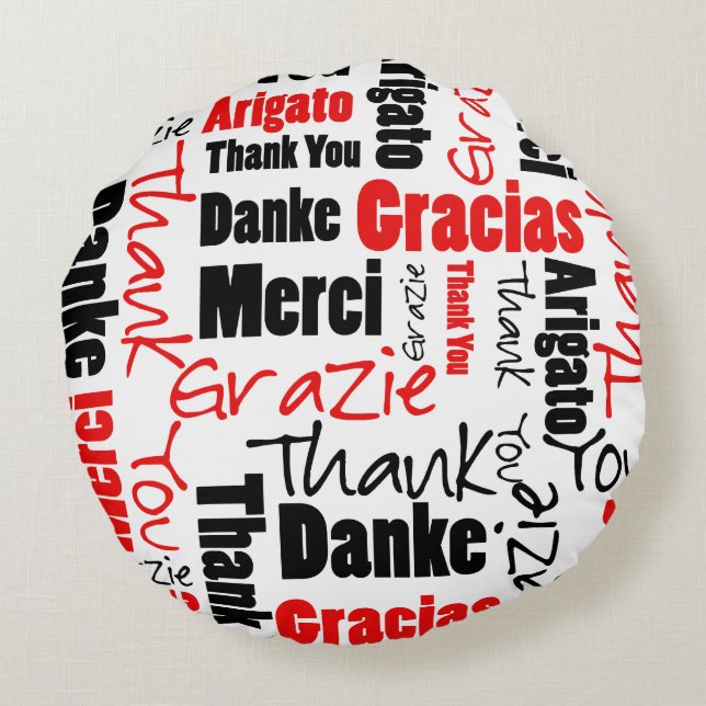 Multilingual Thank You Red Black Typography Round Pillow (Back)