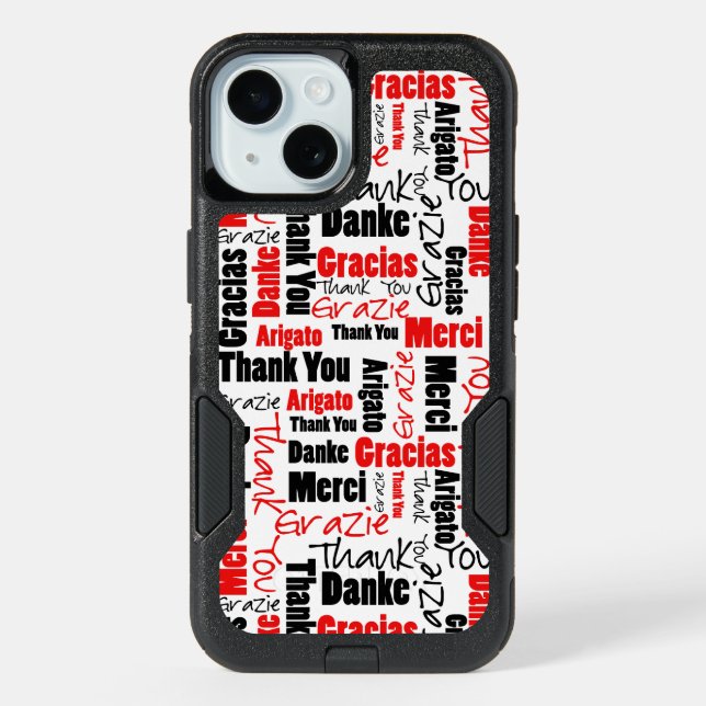 Multilingual Thank You Typography | Black and Red iPhone 15 Case (Back)