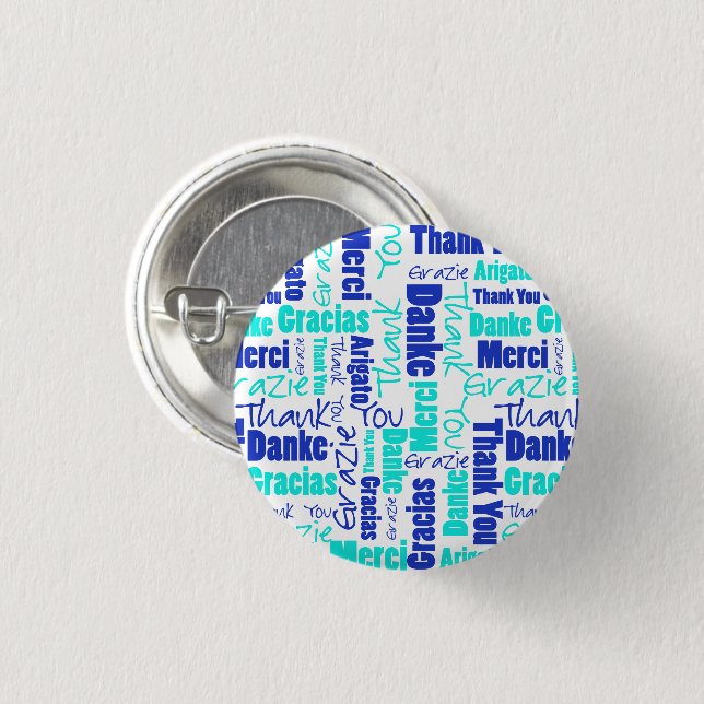 Multilingual "Thank You" Typography Blues Button (Front & Back)