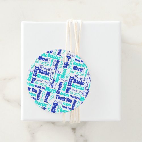 Multilingual Thank You Typography Collage In Blues Favor Tags