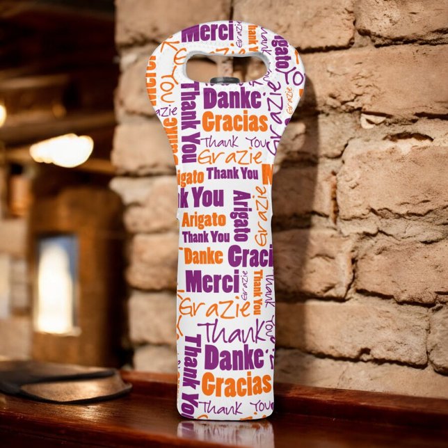 Multilingual Thank You Typography Over White Wine Bag (word cloud pattern designed wine bag)
