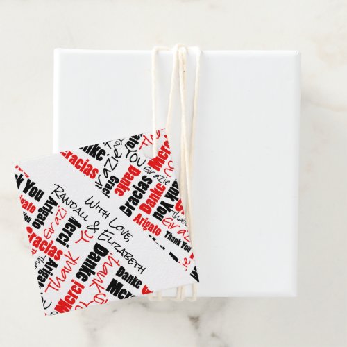 Multilingual Thank You Typography Red Black Favor Tags