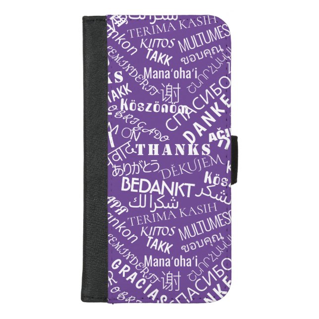 Multilingual Thanks Text Purple iPhone Wallet Case (Front)