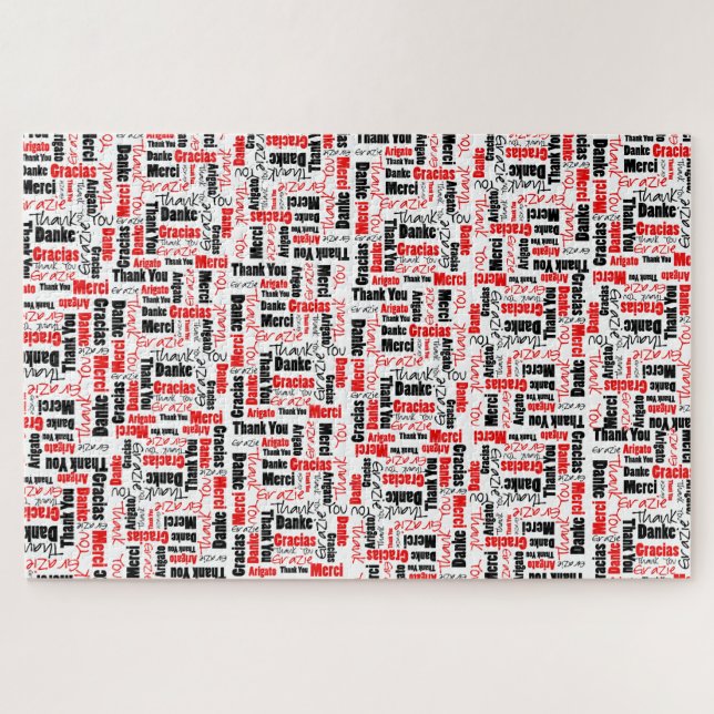 Multilingual Typography Thank You Red Black Jigsaw Puzzle (Horizontal)